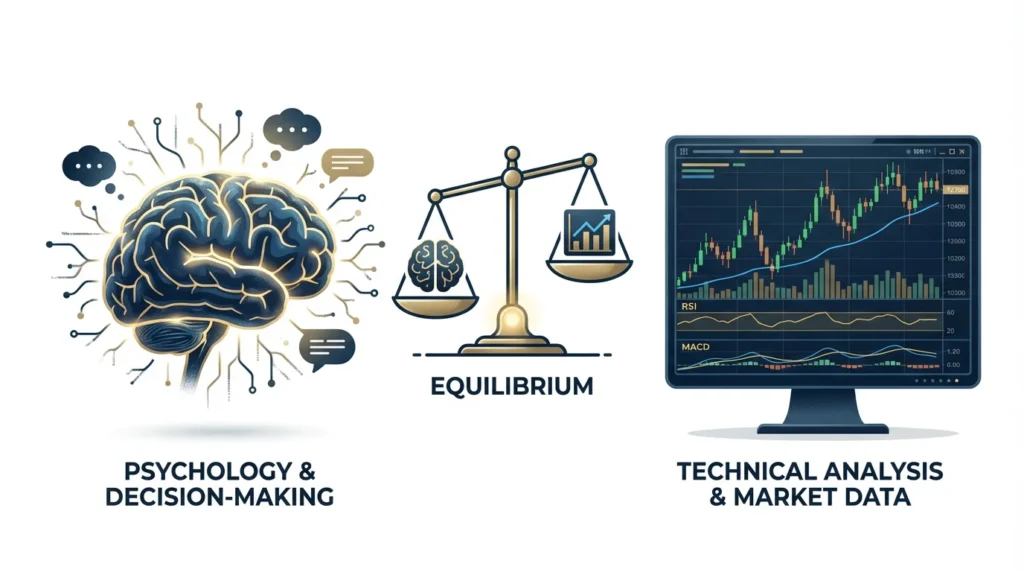 Human brain vs trading charts - illustration showing the importance of trading psychology over technical analysis