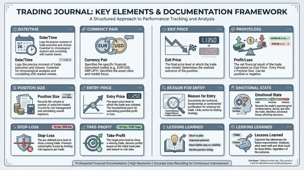 Trading journal elements - infographic showing key components of an effective trading journal